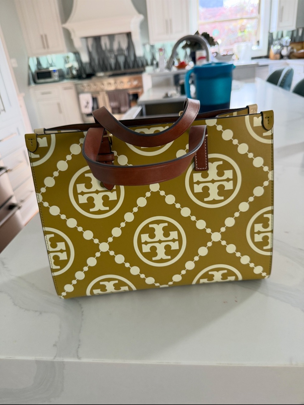 Tory Burch Olive Yellow and White Logo Tote with Brown Handles